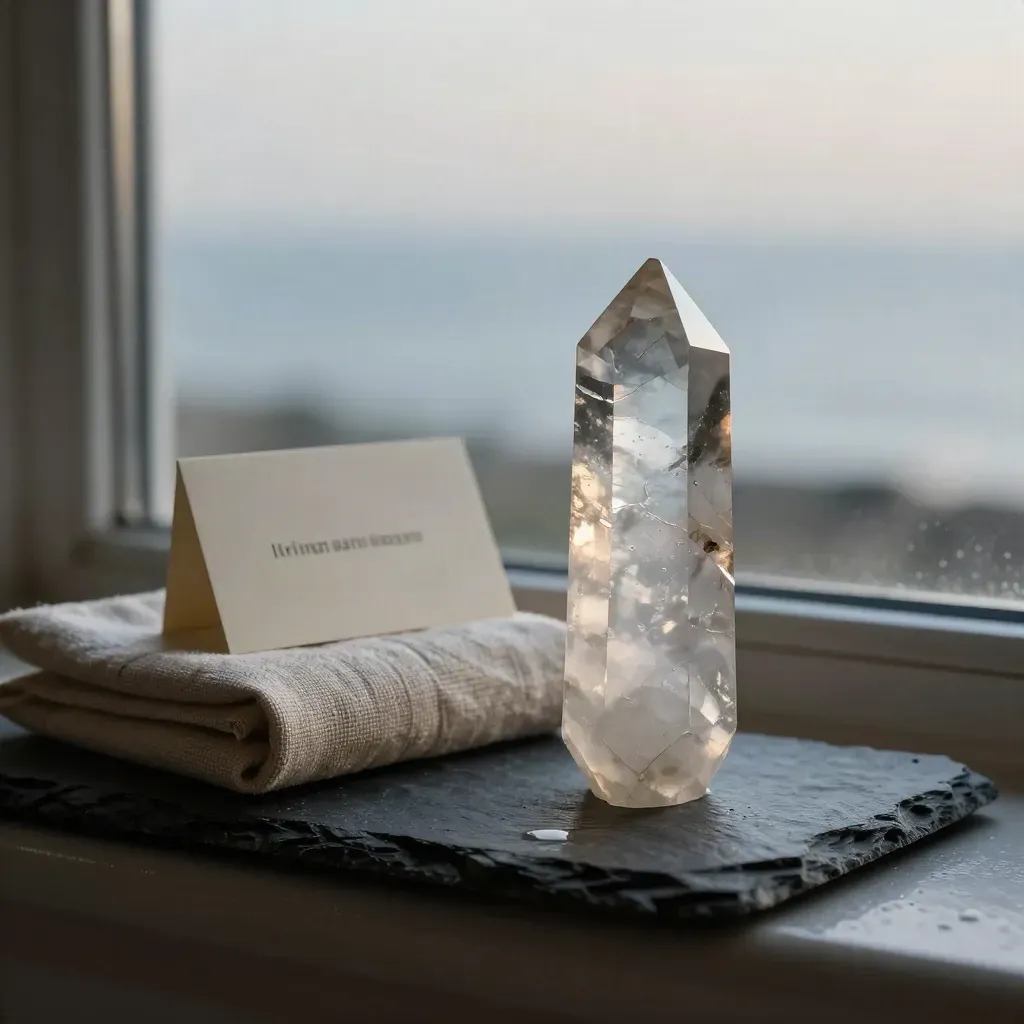 Oversized quartz point with gift box, linen wrap and care card on slate at misty dawn.
