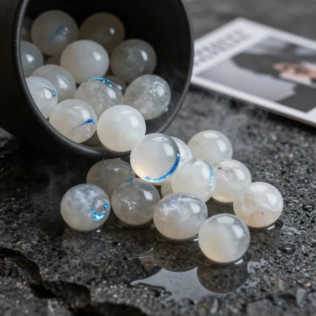 Quartz tumblestones spill from a black bowl across wet basalt in dramatic light.