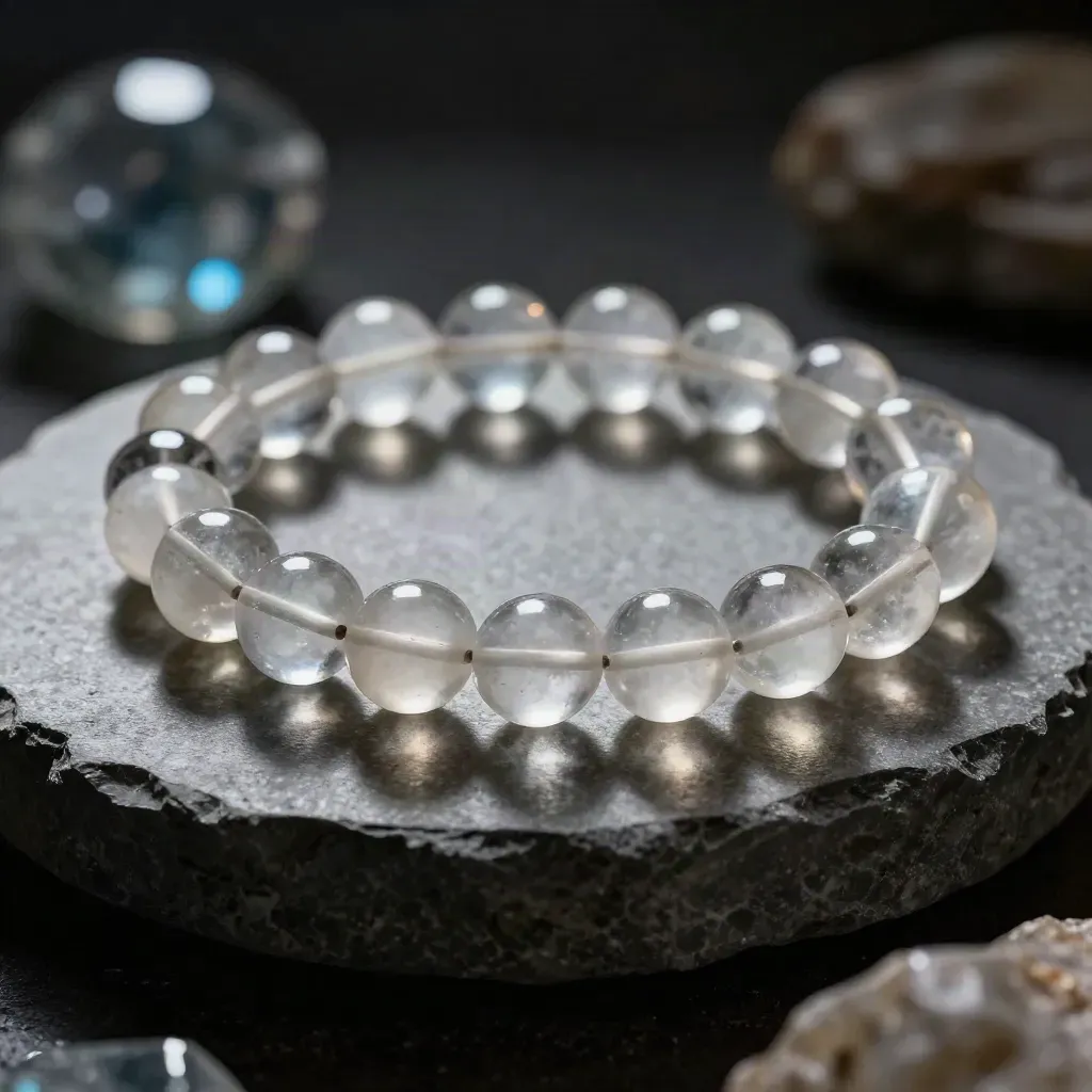 Clear quartz bead bracelet curving over a brushed stone disc with one loose bead and blue bokeh.