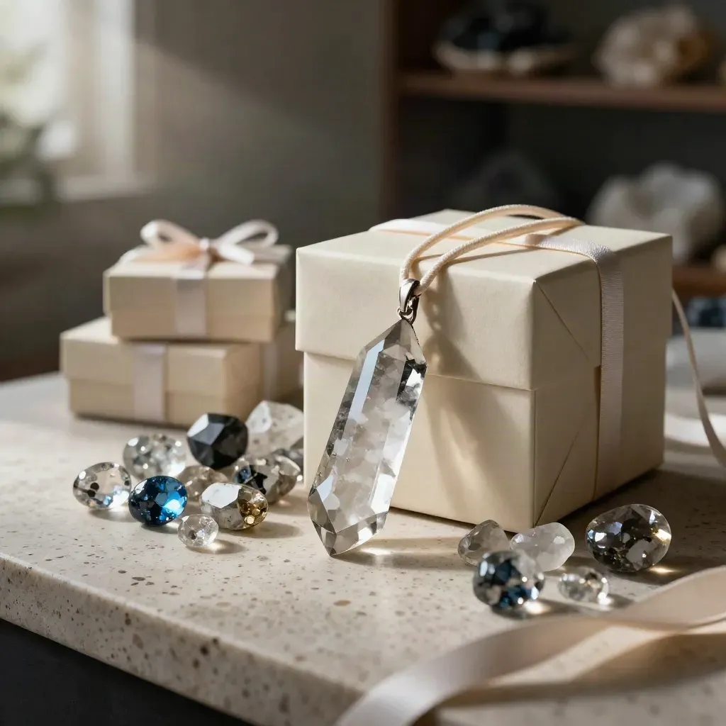 Quartz gift set with point, pendant, box and tumblestones on travertine.