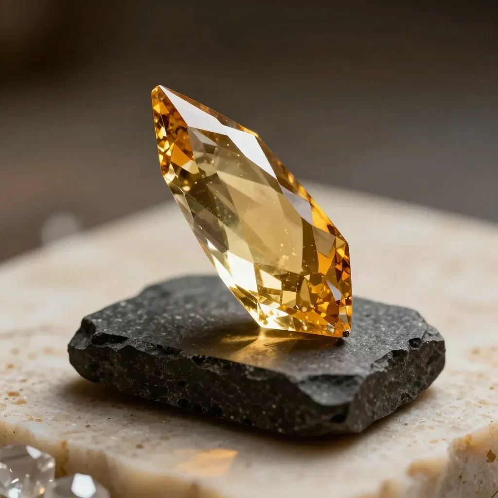 Citrine point on dark stone plinth with amber rim light and tiny mineral chip.