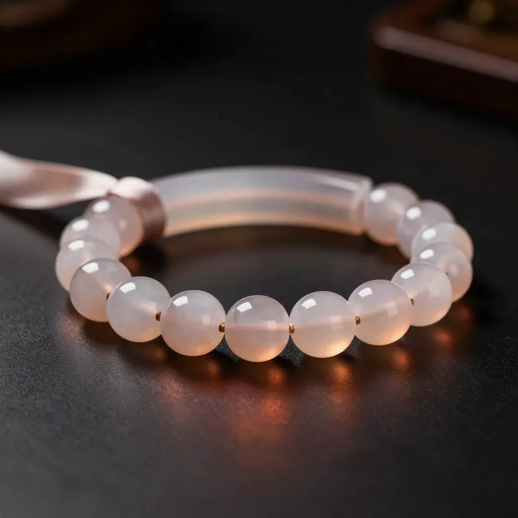 Rose quartz bracelet looped around a pale stone cylinder with a silk ribbon.