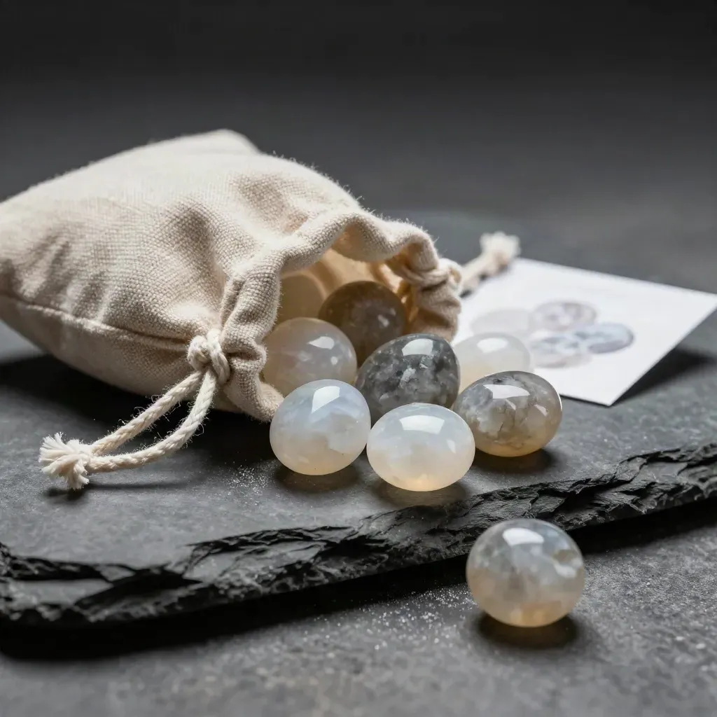 Linen quartz tumblestone pouch spilling seven stones on slate