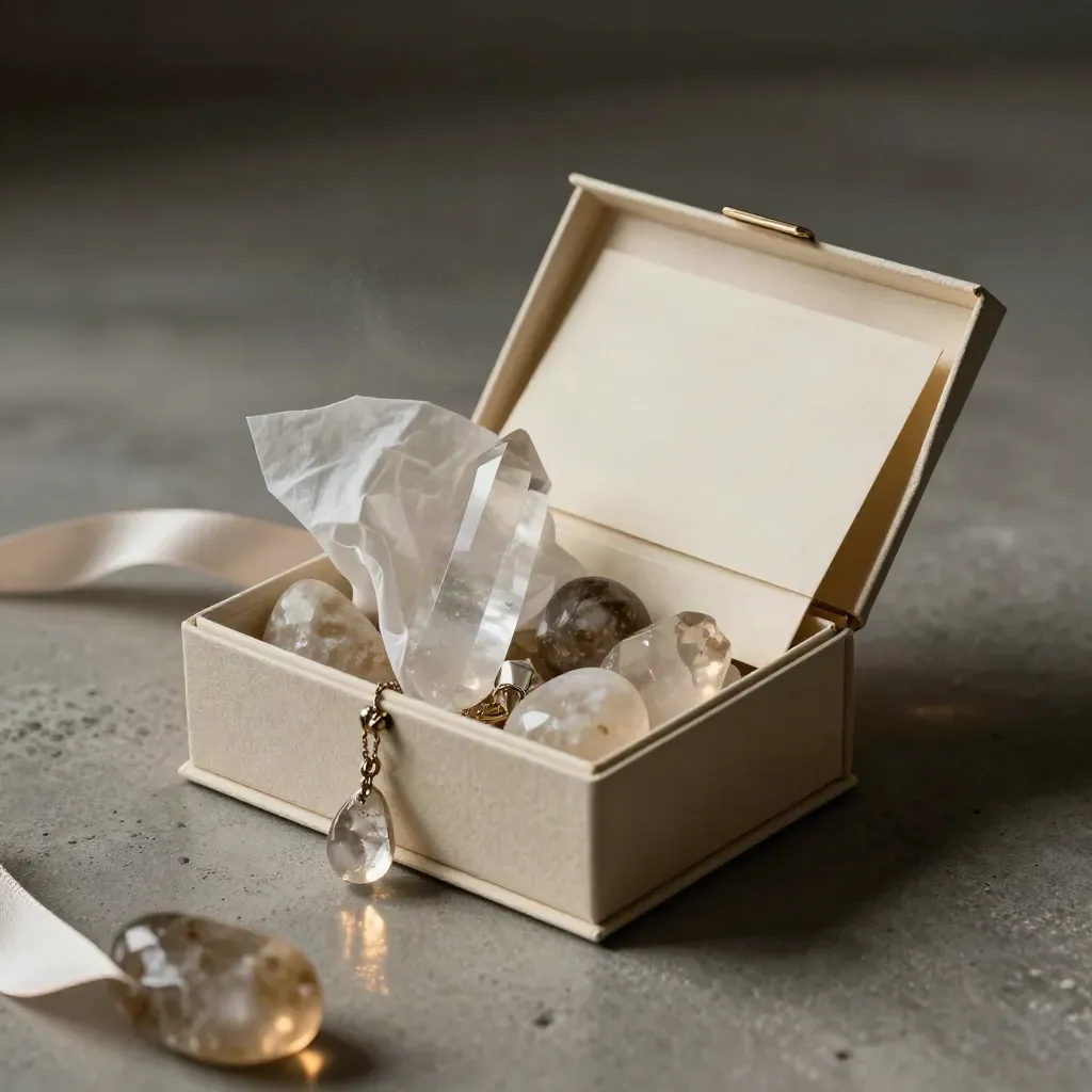 Open mixed quartz gift box with point, pendant, tumblestone and folded card on concrete, dramatic light