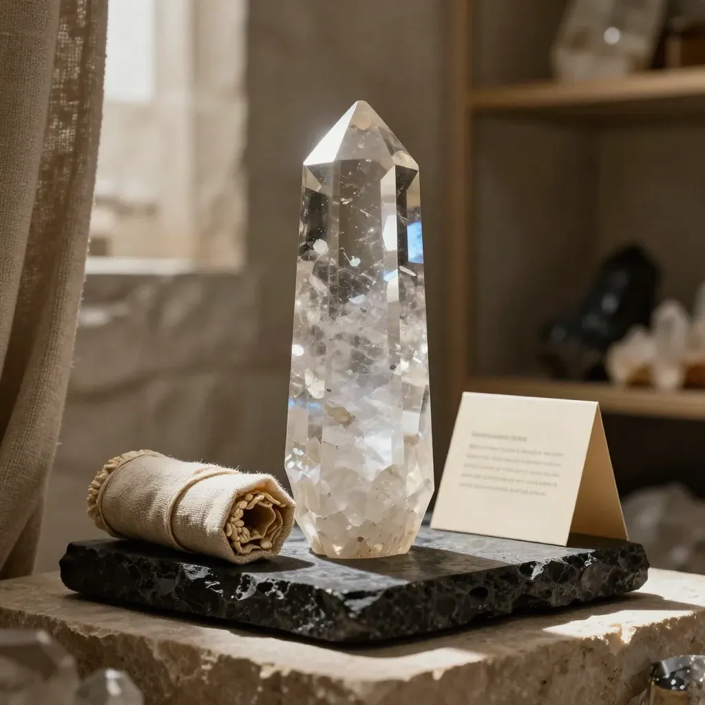 Clear quartz tower on a dark plinth with linen and soft studio light