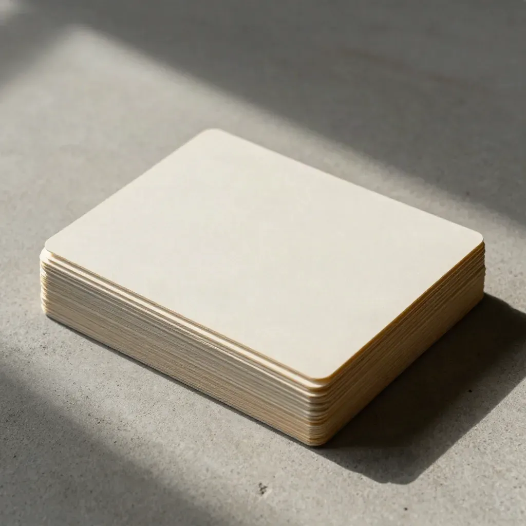 Overhead flatlay of five quartz care cards fanning from a sleeve on pale concrete